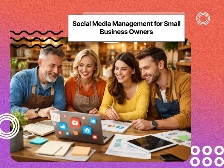 Employees of a small family business gathered around a desk and laptop discussing strategies