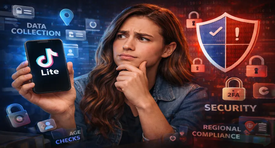 A woman holding a phone looking thoughtful with data security related elements in the image