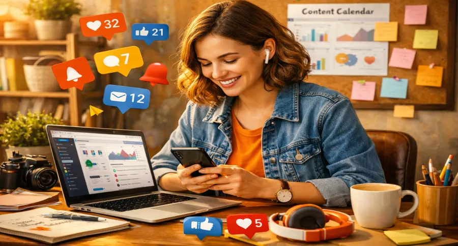 A woman looking at her phone working at a desk