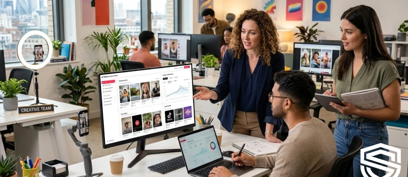 team using the TikTok Creative Center dashboard in a professional agency setting.