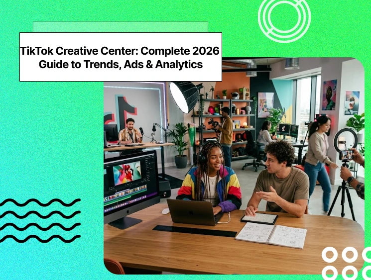 A team collaborates in a bustling, multi-zone media studio on content creation and data analysis.