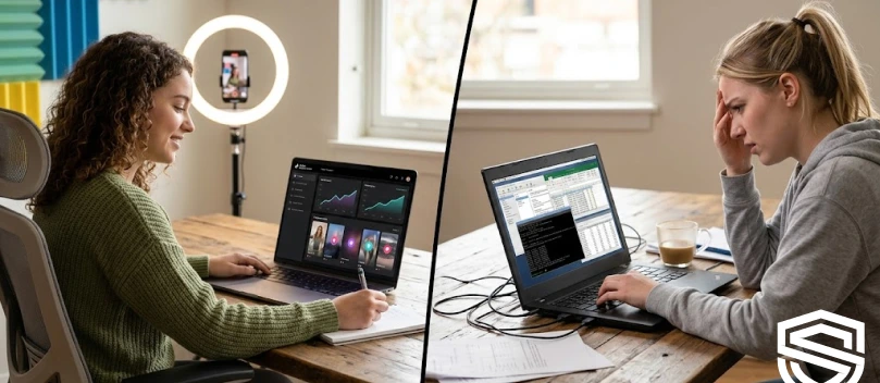 Happy woman with ring light uses neat graphs; frustrated woman uses messy spreadsheets.