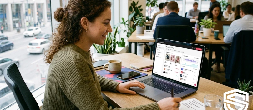 Woman is surfing on TikTok in a co-working space