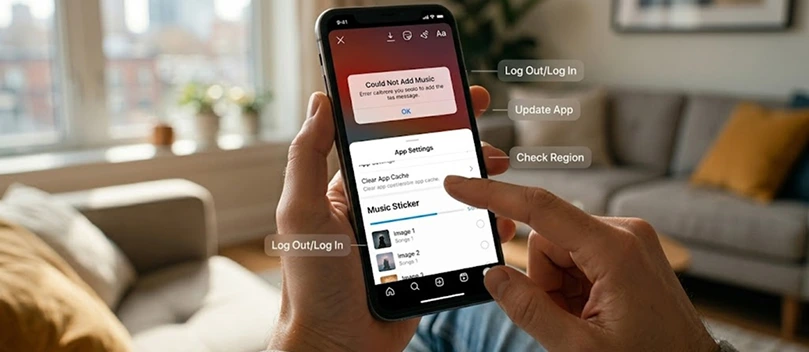 A person’s hand scrolls through Instagram settings on a phone screen with "Music Sticker" visible, indicating troubleshooting.