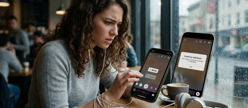 A confused person holds an iPhone with two screens, one showing an error message about adding music.