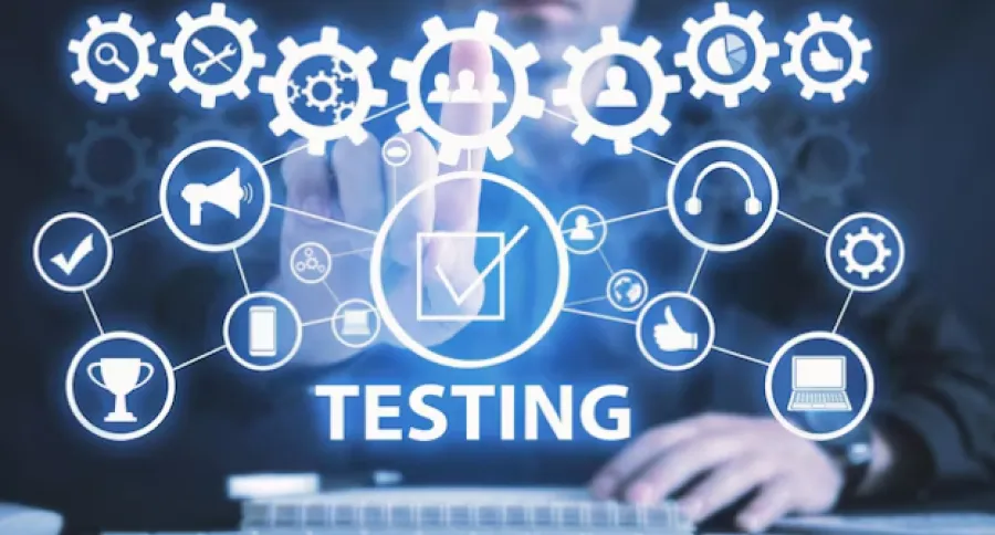 A hand clicking on a holographic screen with the word Testing on it
