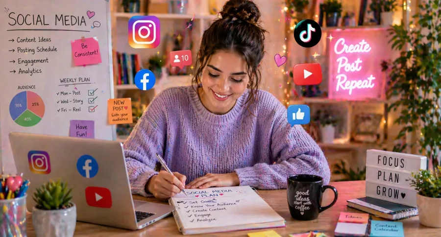 A smiling woman in a cozy, colorful workspace writes a social media plan while surrounded by laptops, notes, and floating social media icons and charts.