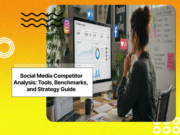 A digital marketer reviews social media analytics on a large screen, surrounded by icons, charts, and a modern, lively workspace