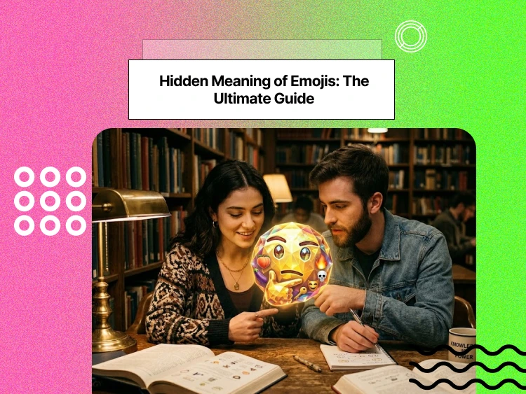 Two people in a library examining a large, glowing, multi-faceted emoji hologram.