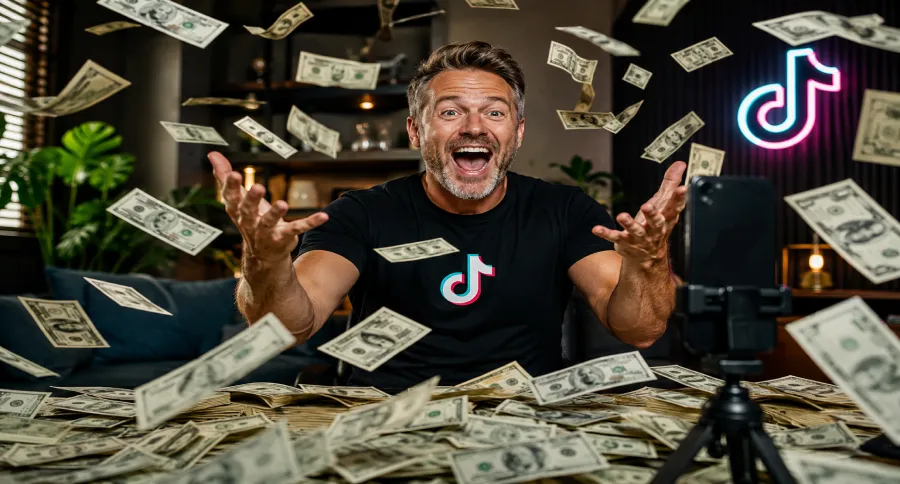 A man filming a Video with his phone with money raining down on him