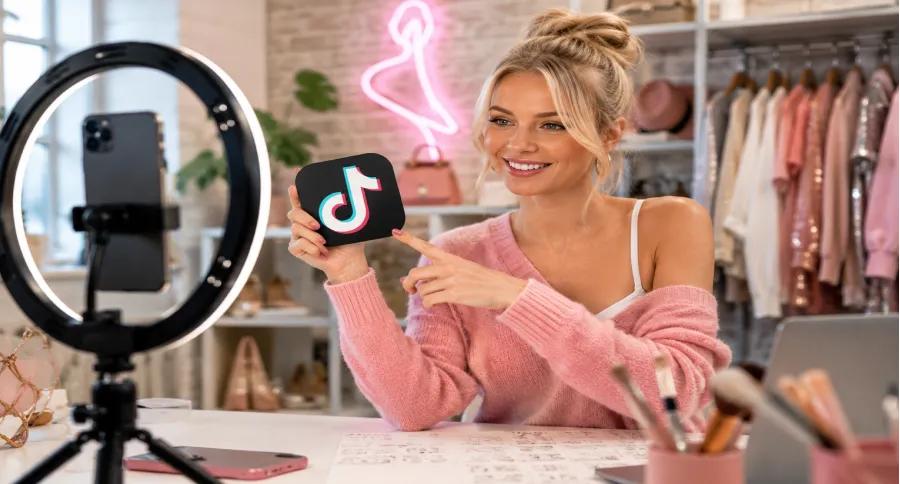 A young blond fashion influencer filming a video holding a TikTok symbol