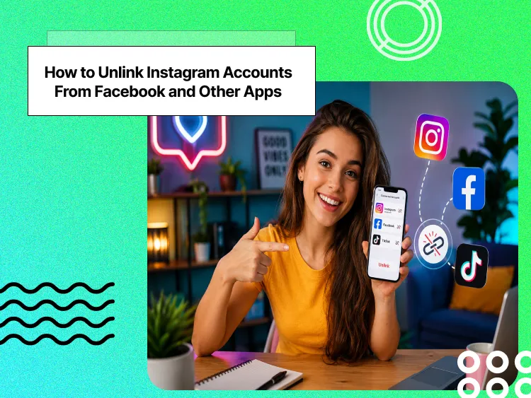 A cheerful young woman sits in a vibrant, neon-lit workspace, smiling directly at the audience while holding a smartphone displaying disconnected social media accounts. Floating Instagram, Facebook, and TikTok icons surround her, symbolizing account unlinking. The colorful room features plants, warm lighting, a laptop, and modern decor, creating a fun, energetic, ultra-realistic digital lifestyle atmosphere.
