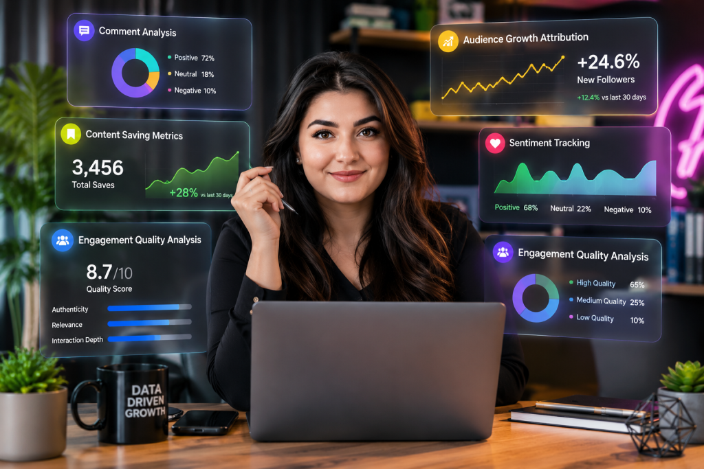 A brunet woman working on a laptop with different data floating around her