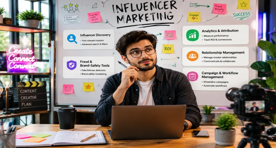 A man working on his laptop with a whiteboard behind him with the words "influencer marketing" written on it