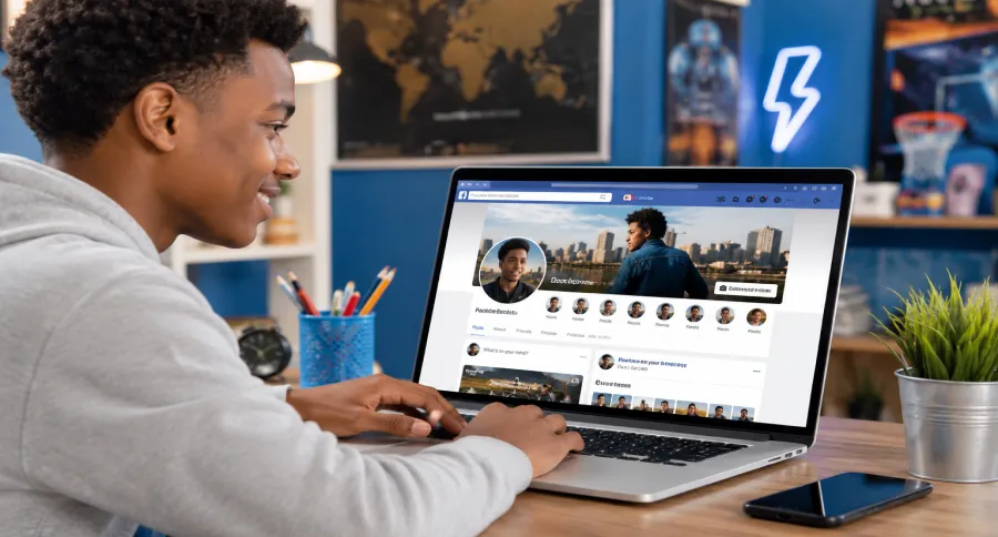 A boy looking at his Facebook page showing his profile