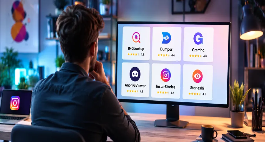 A man looking at a computer screen showcasing different Instagram viewing tools