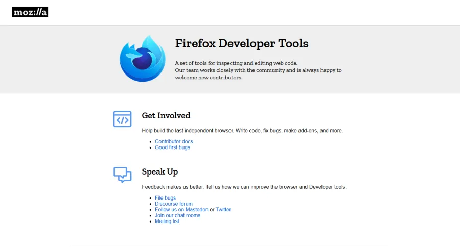 homepage of Firefox developer tools