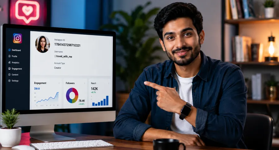 a person pointing out to a monitor with Instagram ID and username showing on it