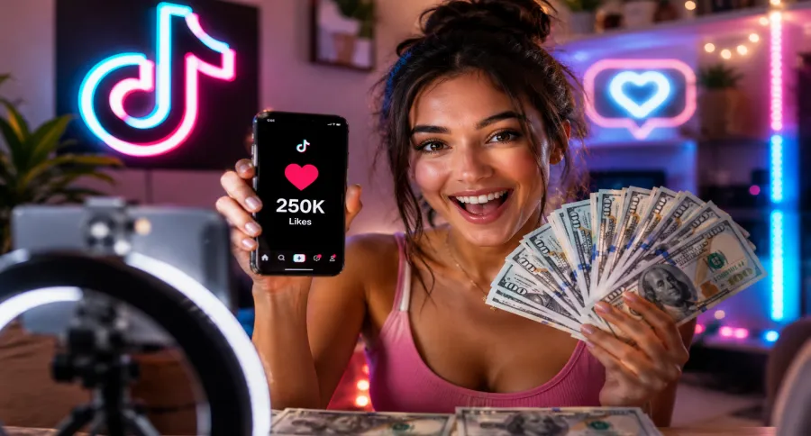 a girl showing her TikTok while holding money