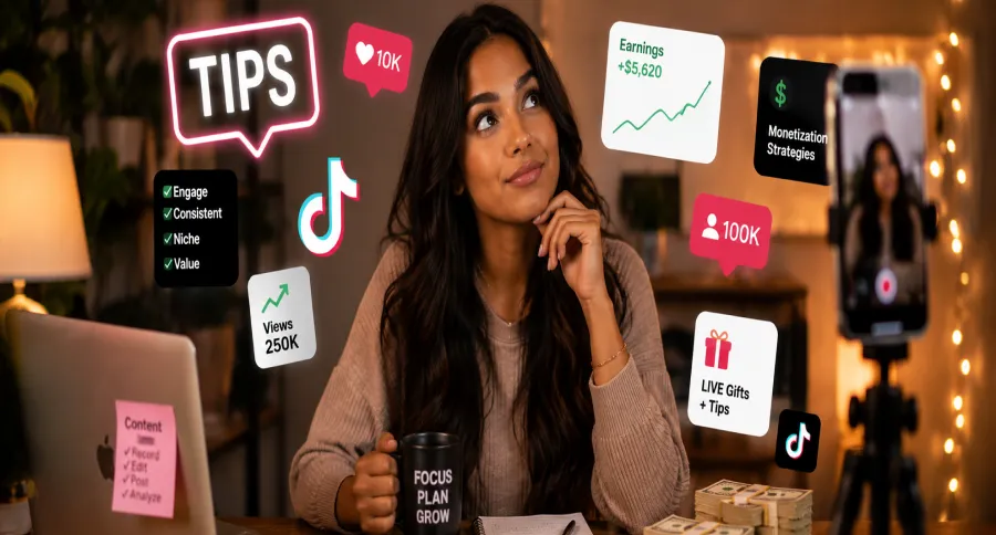 a woman looking pensive with the word Tips and TikTok logo floating around her