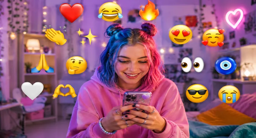 a teenager looking at her phone with multiple emojis floating around her