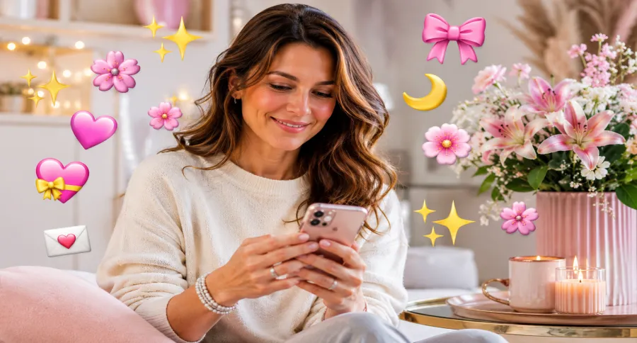 a woman in an aesthetic setting with emojis floating around her