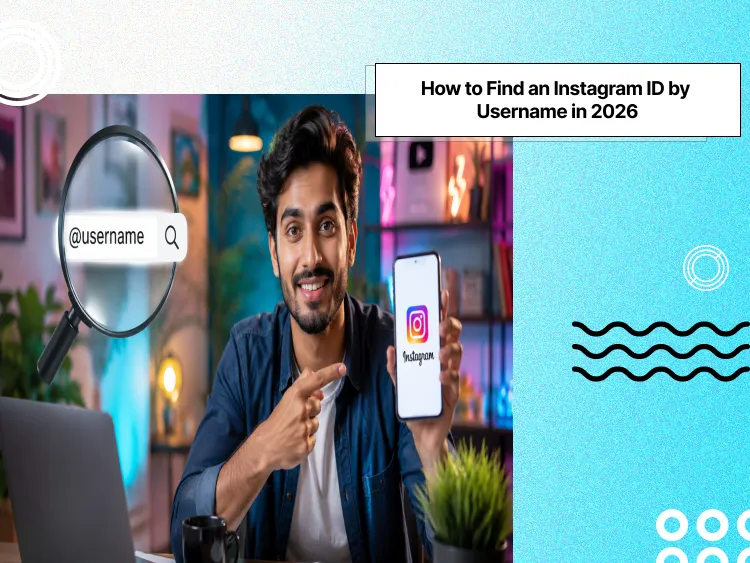 A man looking at the viewer holding up his phone showing Instagram with a magnifying glass floating beside his head with a username inside it