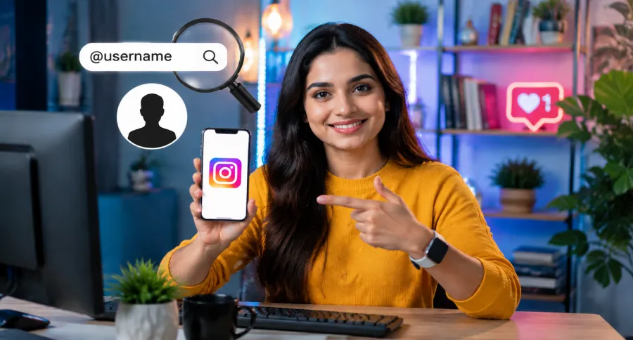 a woman pointing to a phone with Instagram's logo on it