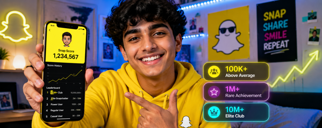 a teenager with curly hair holding a phone showing Snapchat score graphs