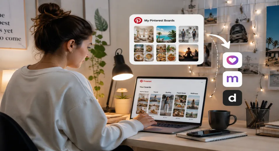 A girl sitting at a desk, transferring her Pinterest boards to a new application