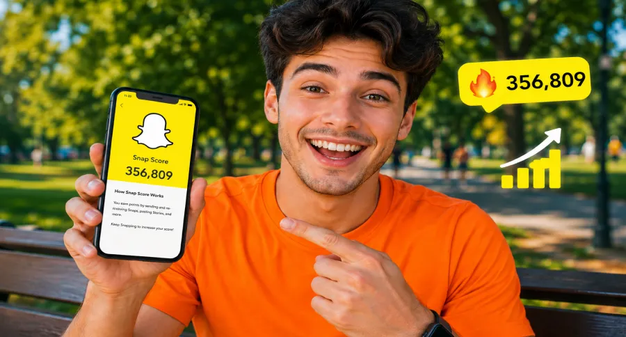A man wearing an orange shirt in a park holding a phone with Snapchat scores on it