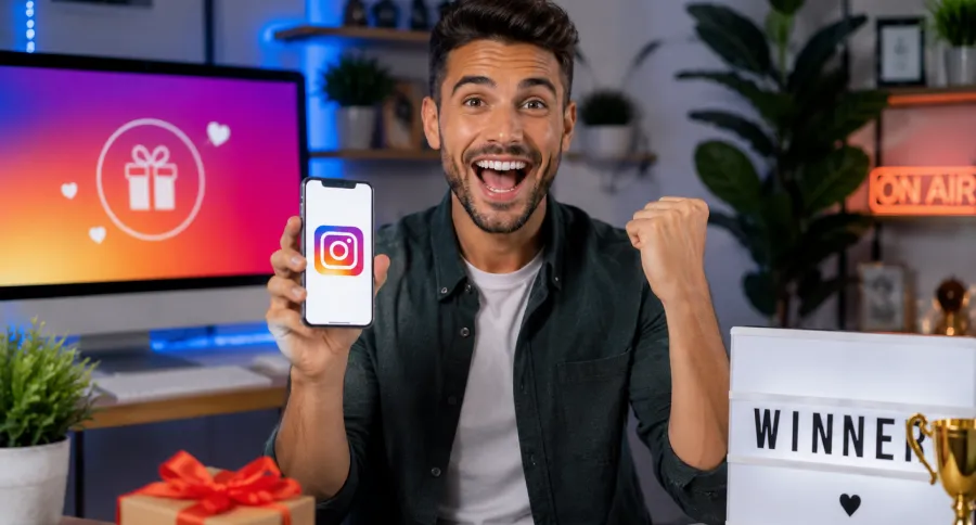 a man in an office with Instagram logo on his phone and a gift on his desk with the word Winner beside him