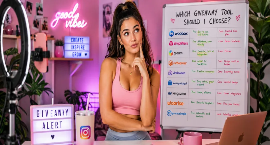 A woman in a pink crop top trying to choose between different Giveaway Tools