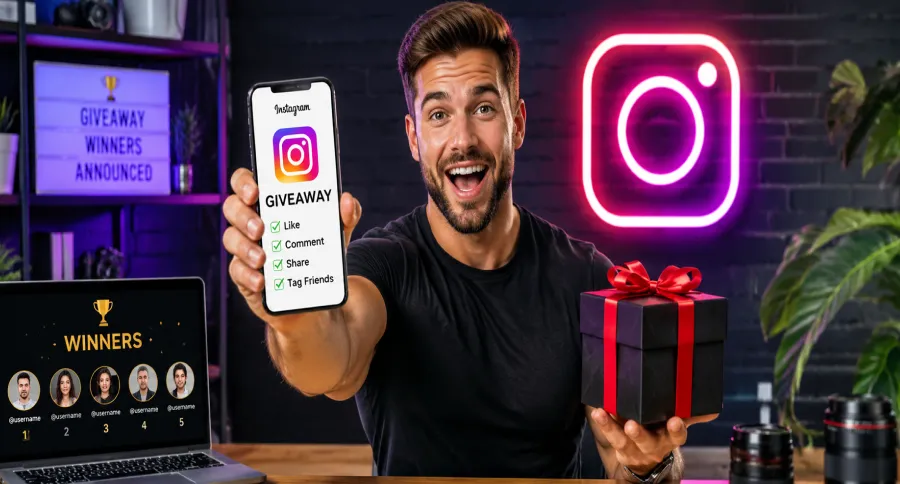 A man with a trophy on his desk, holding a phone with Instagram logo on it