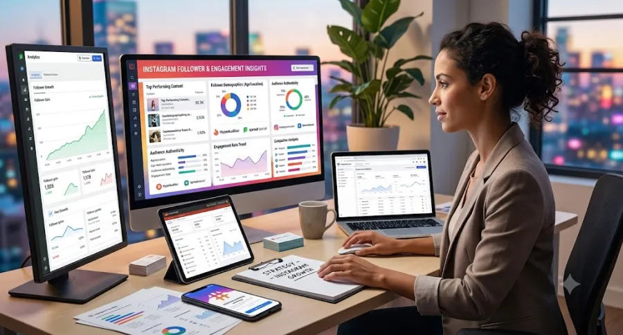 A woman sitting in an office trying to choose between different Instagram follower apps