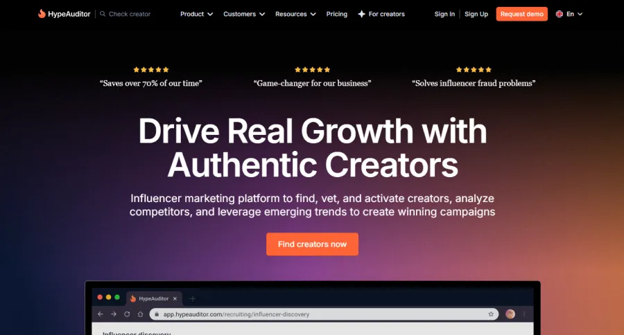HypeAuditor's homepage view