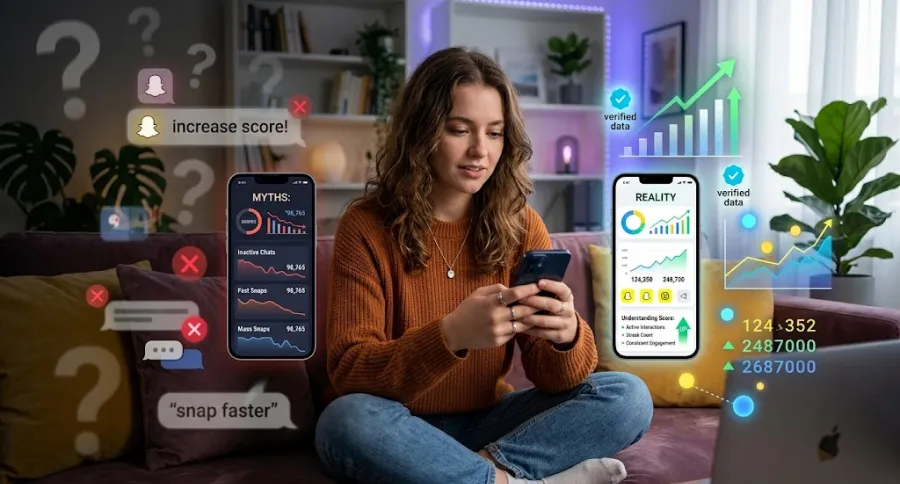 a girl sitting on a sofa looking at her phone with Snapchat score tips floating around here, some of them are labeled myth some are labeled reality