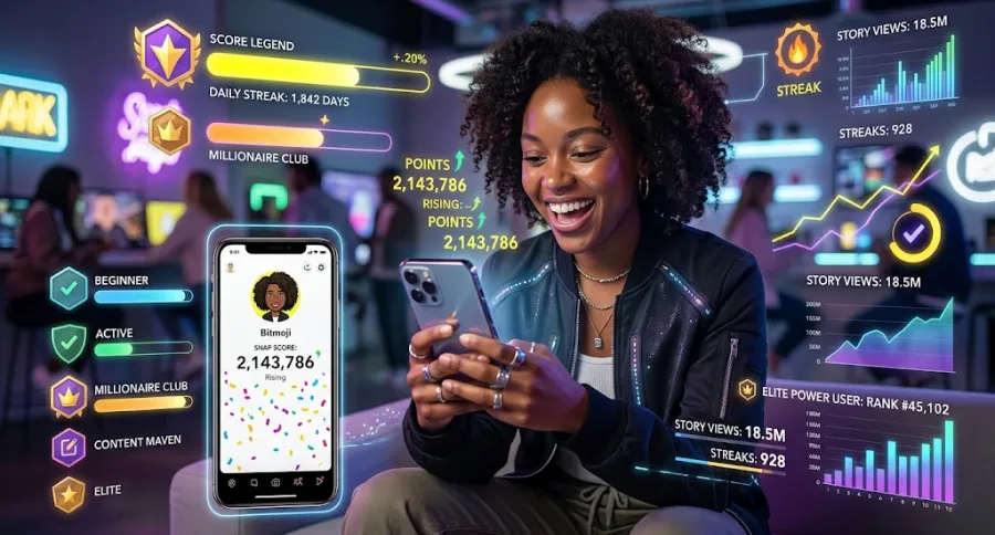 a woman sitting, looking at her Snapchat score