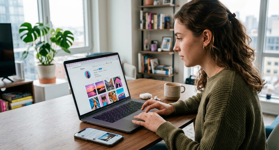 a woman viewing an Instagram profile on her laptop