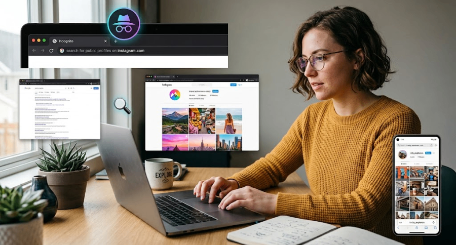 a woman viewing an Instagram profile on a laptop