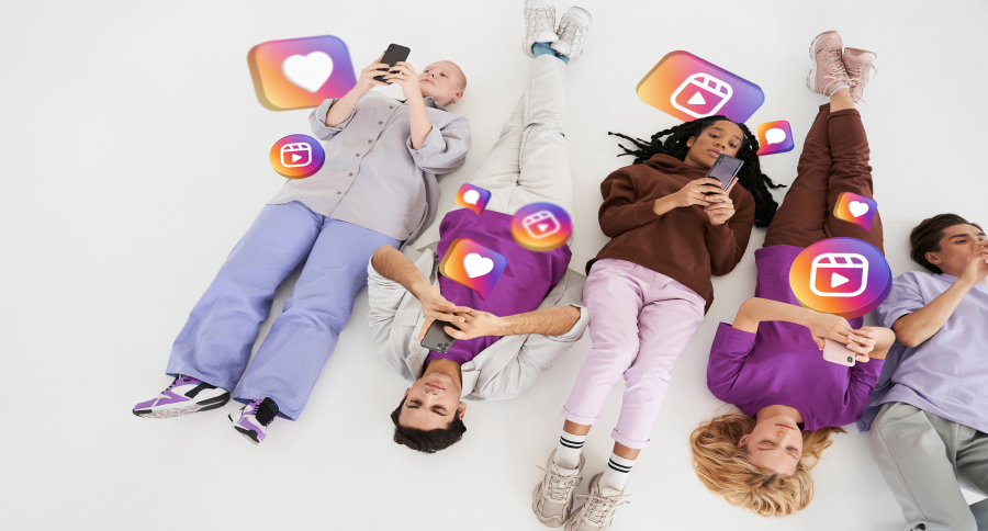 multiple people lying down working with their phones with many Instagram logos floating around them