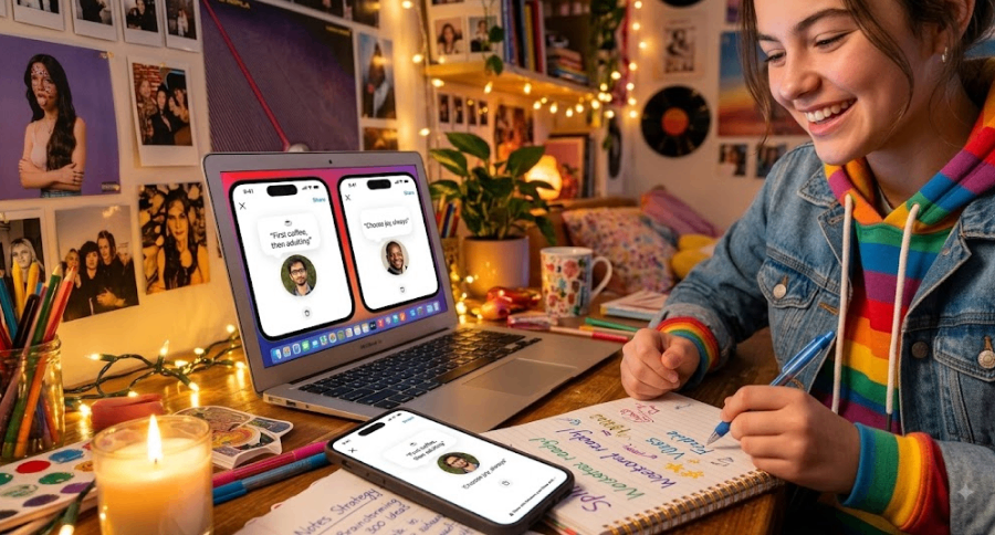 a girl sitting at her desk trying to find best Instagram note ideas by studying different accounts