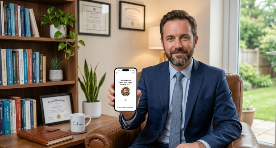 a man holding his phone in an office, showing their Instagram notes about mental health