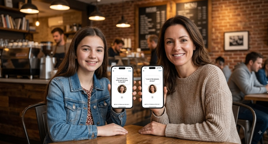 two women holding their phones in a cafe, showing their Instagram notes about love