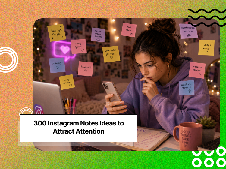 A girl in a purple sweater trying to come up with Instagram Note Ideas sitting at her desk with different sticky notes floating around her