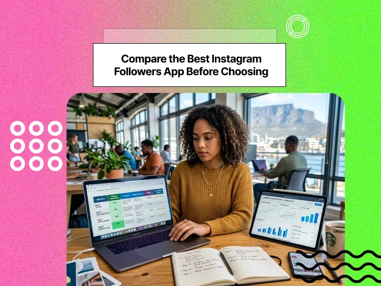 A girl in a cafe choosing between Instagram follower apps