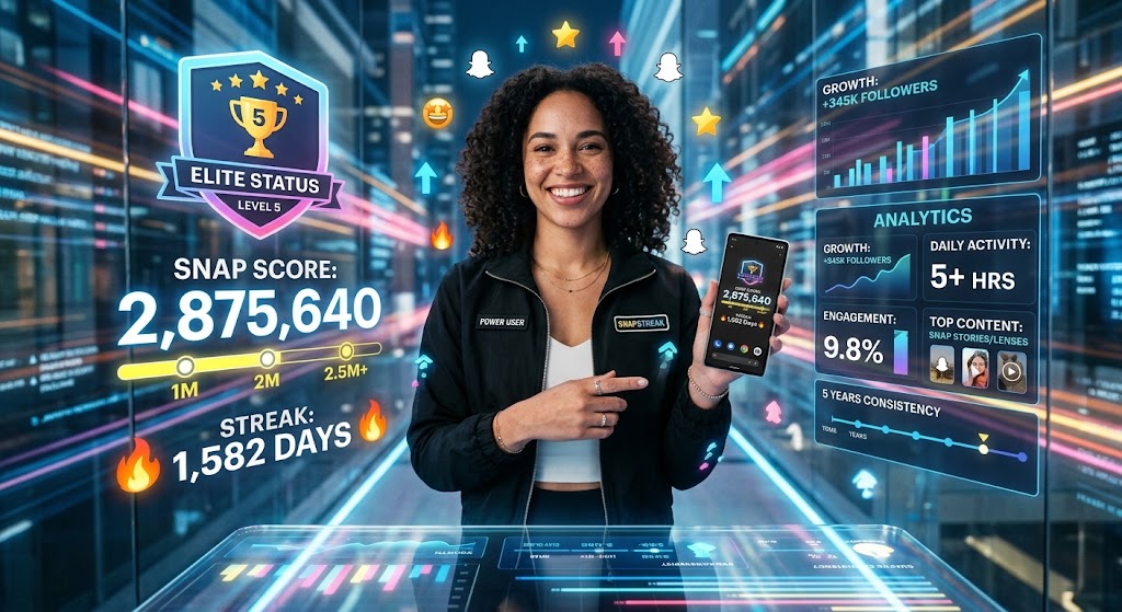 a curly haired woman showing off her Snapchat score to the audience