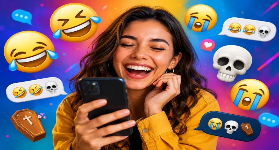 A girl with long brown hair laughing at her phone with laughing emojis around her