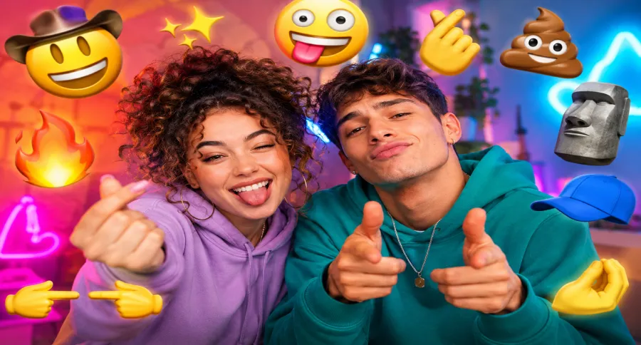 a boy and a girl doing trendy emojis with various emojis floating around