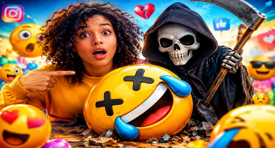 a curly haired girl watching the skeleton emoji kill the laughing emoji